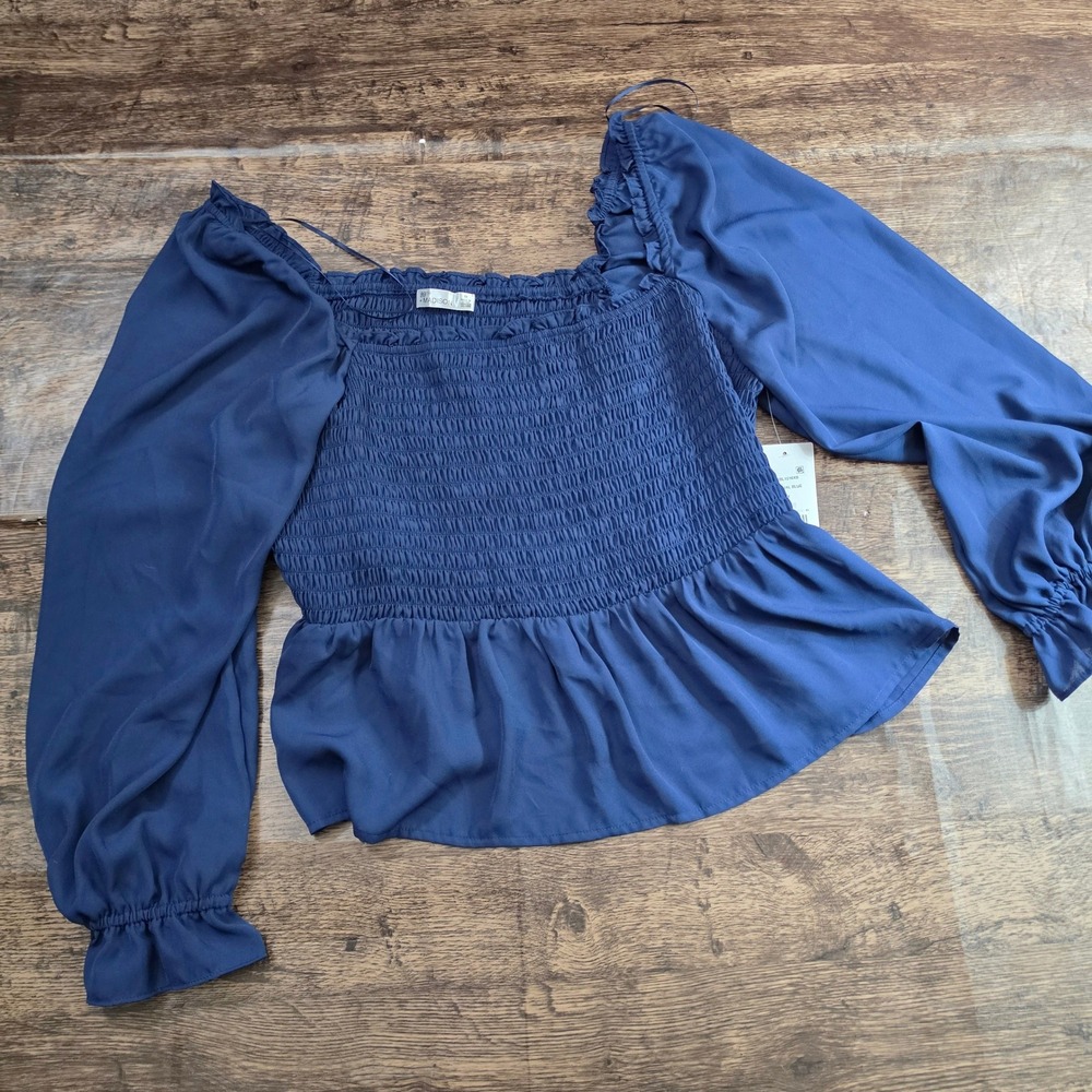 89th + Madison Peplum Womens 1X Medieval Blue Smocked Balloon Sleeve BD2BL1016XB